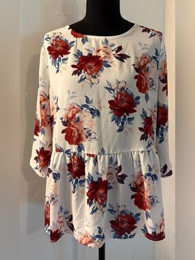 Faded Glory White Blouse with Red and Blue Floral Print
